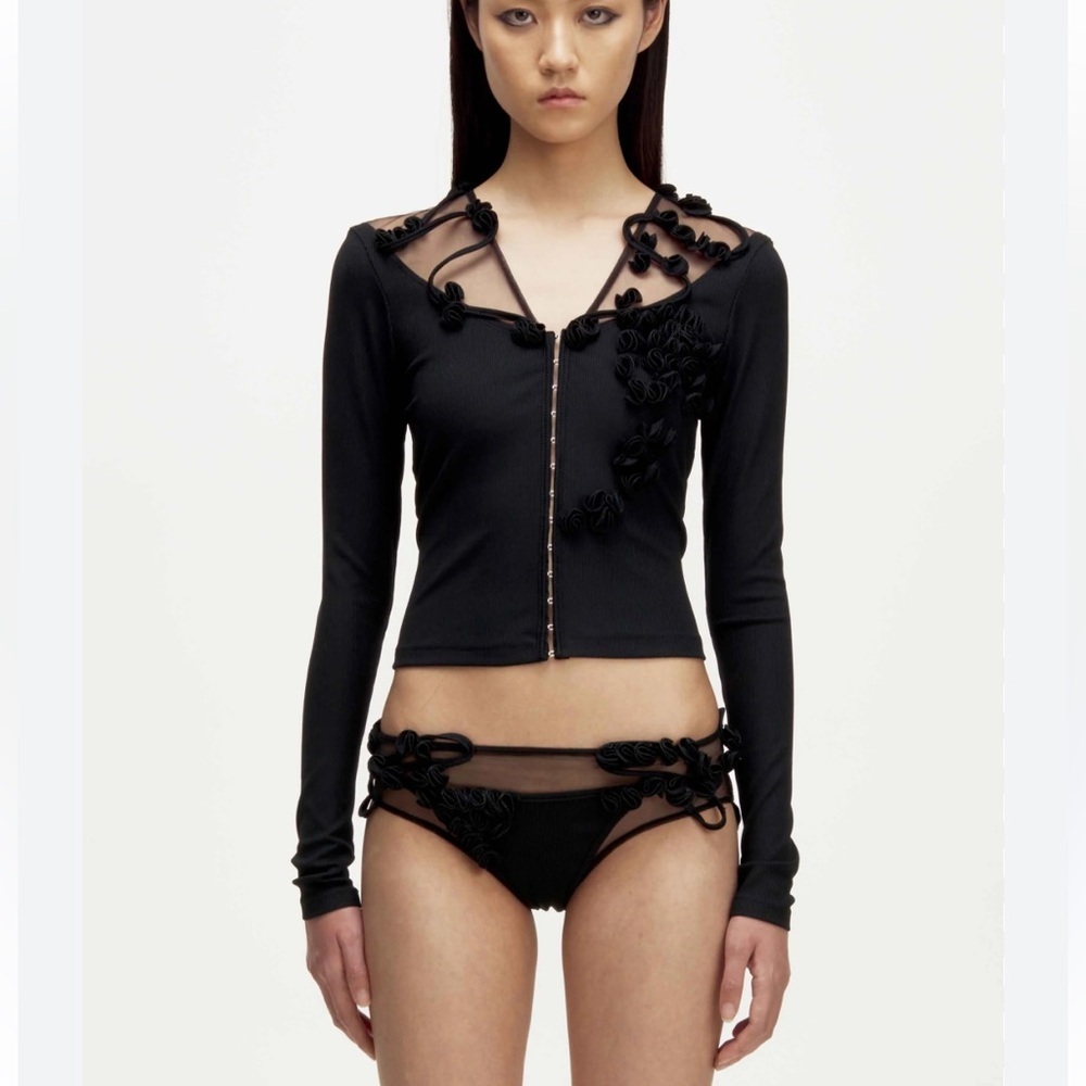 MARRKNULL Flowers Cardigan Black rosebud Sheer Detail knit top Revolve XS